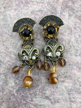 Vintage-Inspired Brown Beaded Drop Earrings - Unbranded